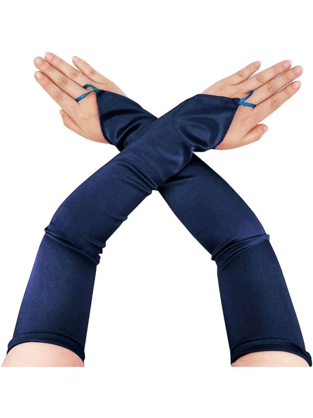 Women's Navy 1920s Satin Stretchy Elbow Length Opera Fingerless Long Gloves